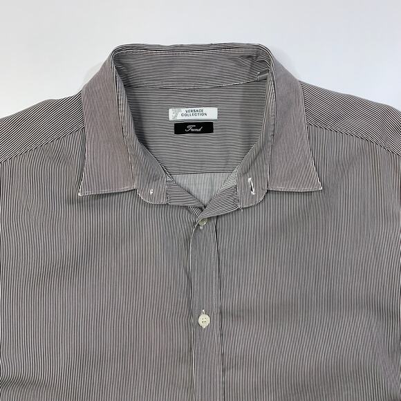 Versace Shirt Mens 17.5 Trend Collection Black White Striped Button Up Dress - Picture 4 of 12